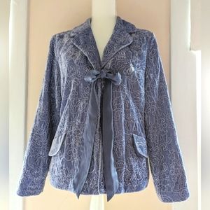 J. Jill Light Blue Jacket Velvet White Embroidery Ribbon Tie Collar Medium
